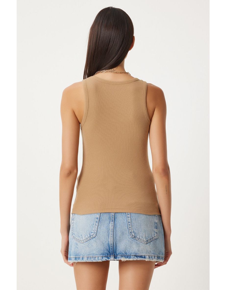 Women's Biscuit Cream 2-Piece Ribbed Thick Strappy Knitted Undershirt - 8