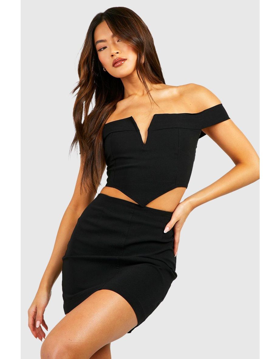 Stretch Woven Bardot Corset & Mini Skirt - black