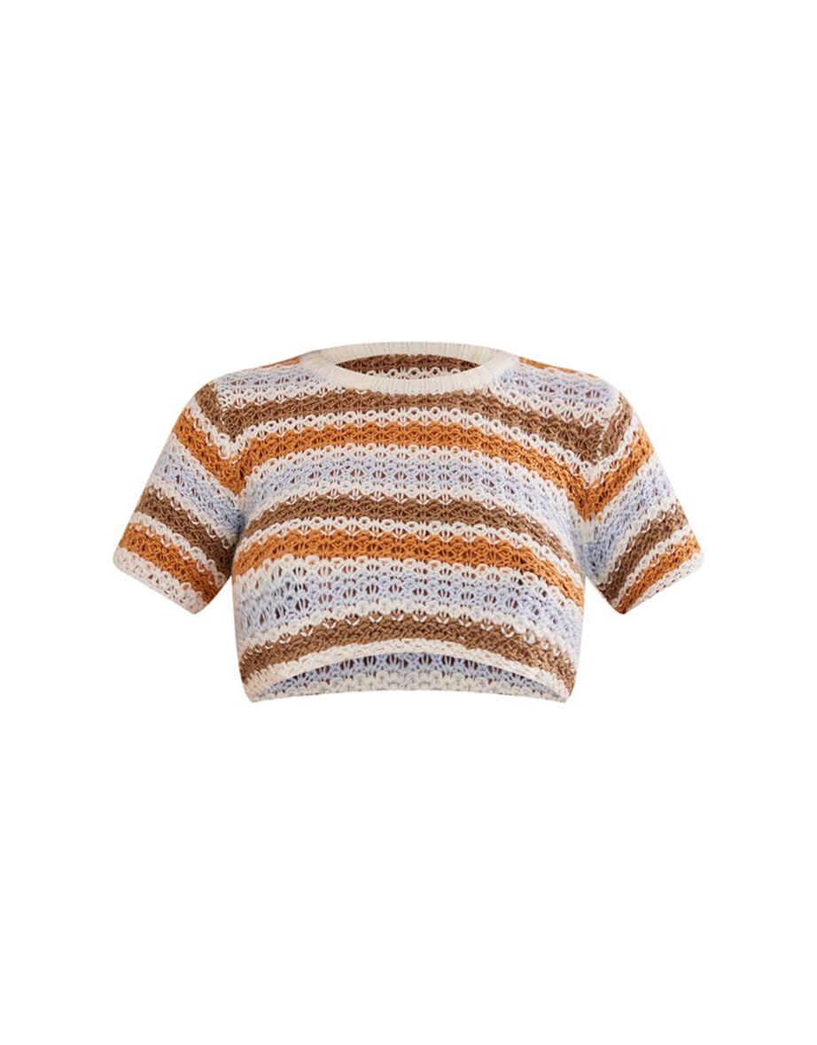 Cream Stripe Open Knit Crop Top - 3