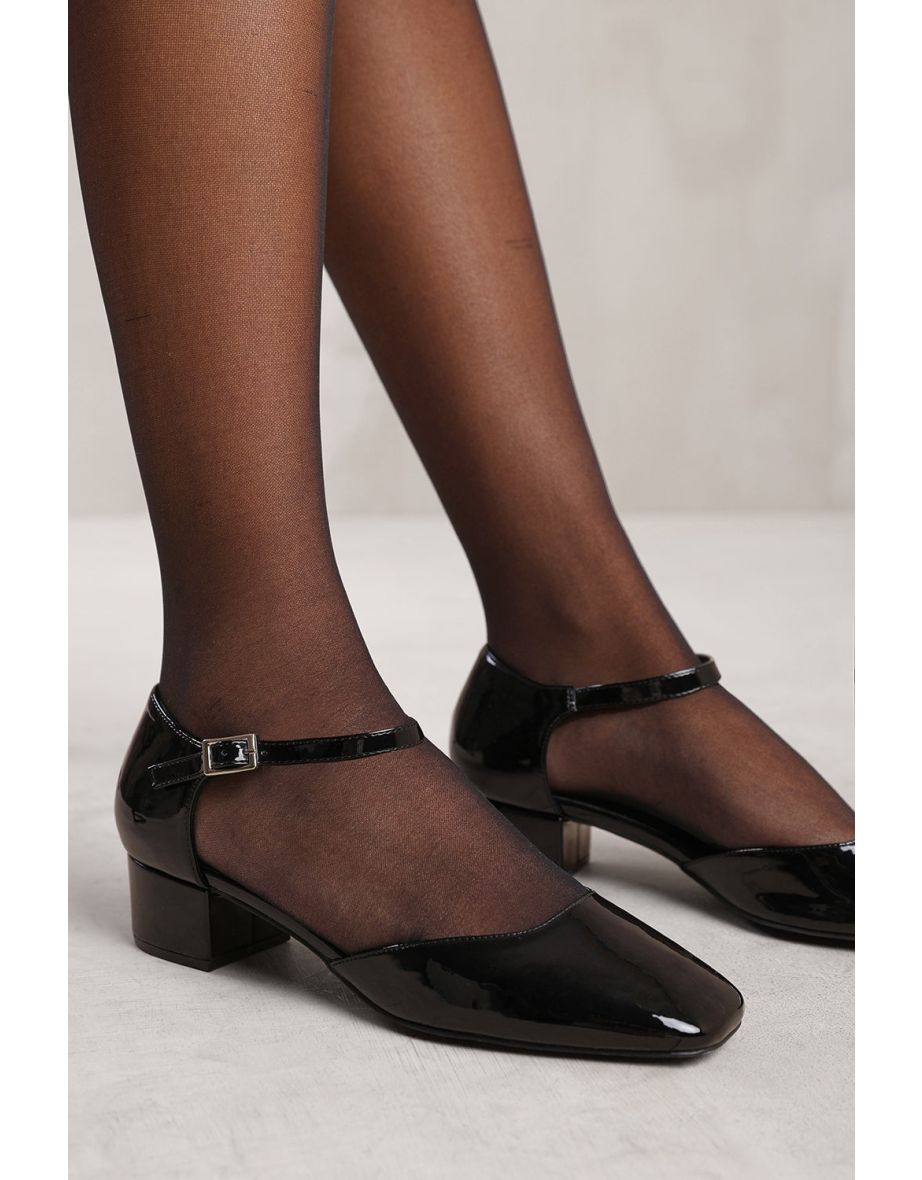 SINGAPORE WIDE FIT SQUARE TOE LOW BLOCK HEEL WITH STRAP IN BLACK PATENT