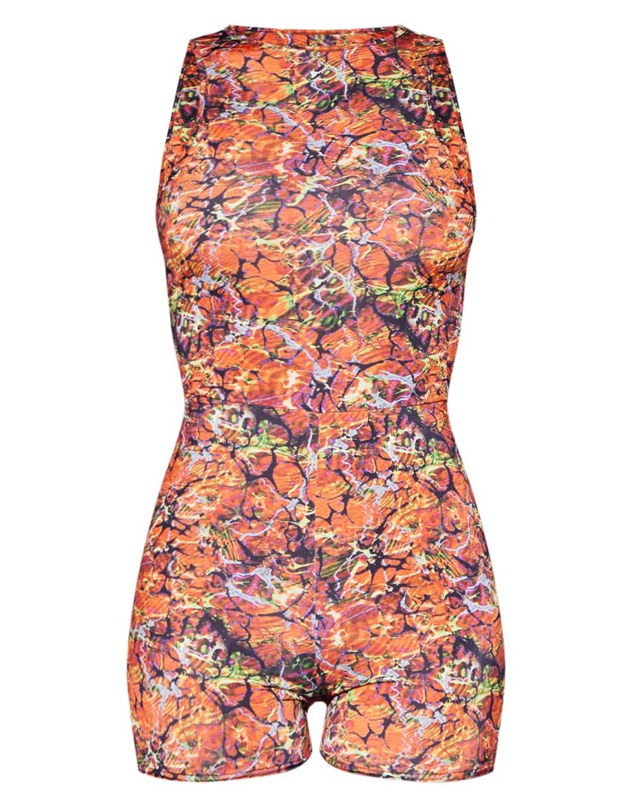 Orange Abstract Print Racer Neck Playsuit - 4