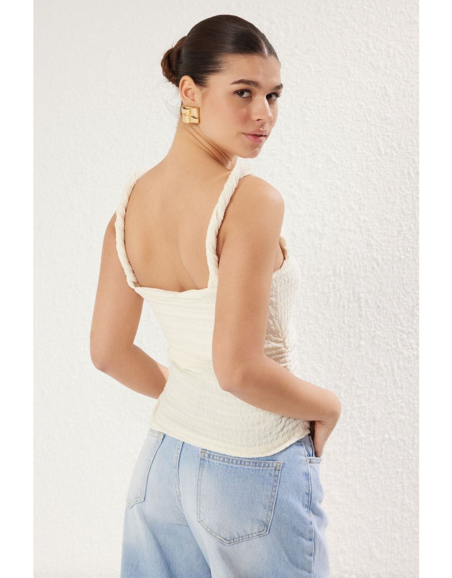 Ecru Textured Fitted/Body-Sit Twisted Sleeve Detailed Knitted Blouse - 4