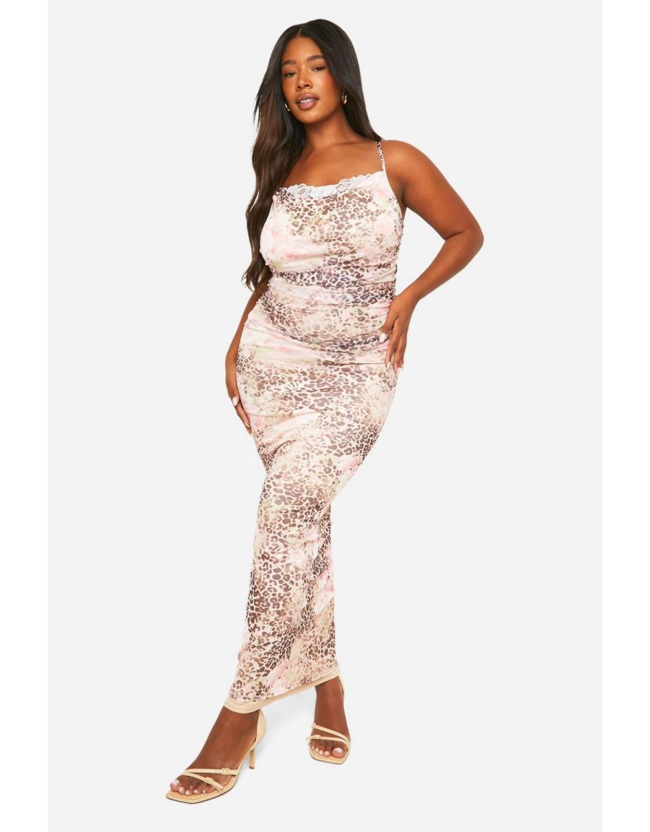 Plus Mesh Leopard Print Lace Detail Maxi Dress