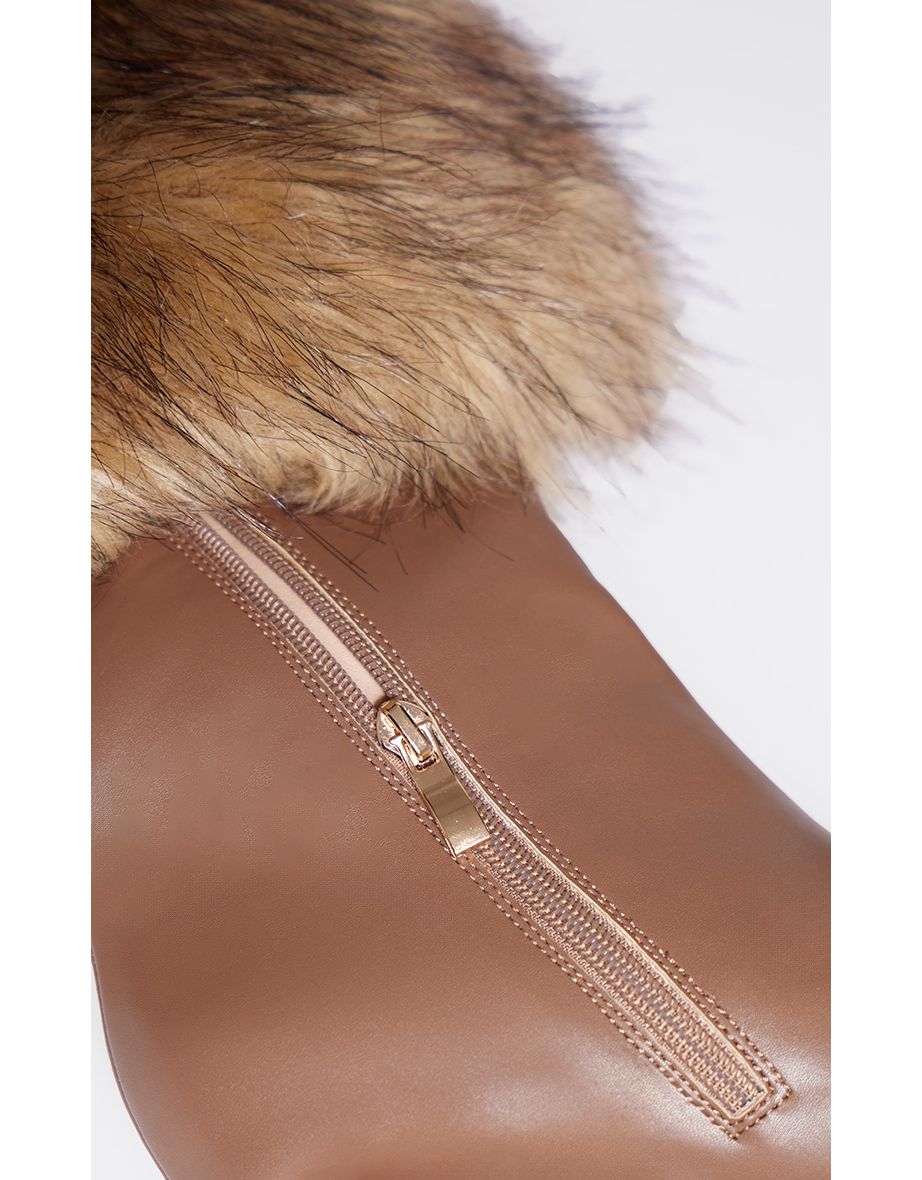 Brown Pu Faux Fur Fold Over Stiletto Heeled Boots - 3