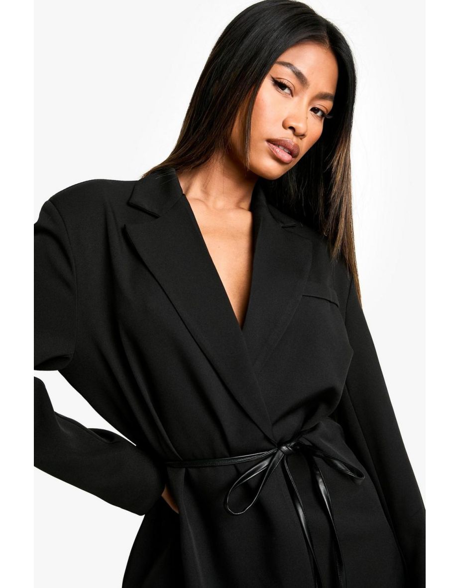 Marl Shoulder Pad Belted Blazer - black - 3