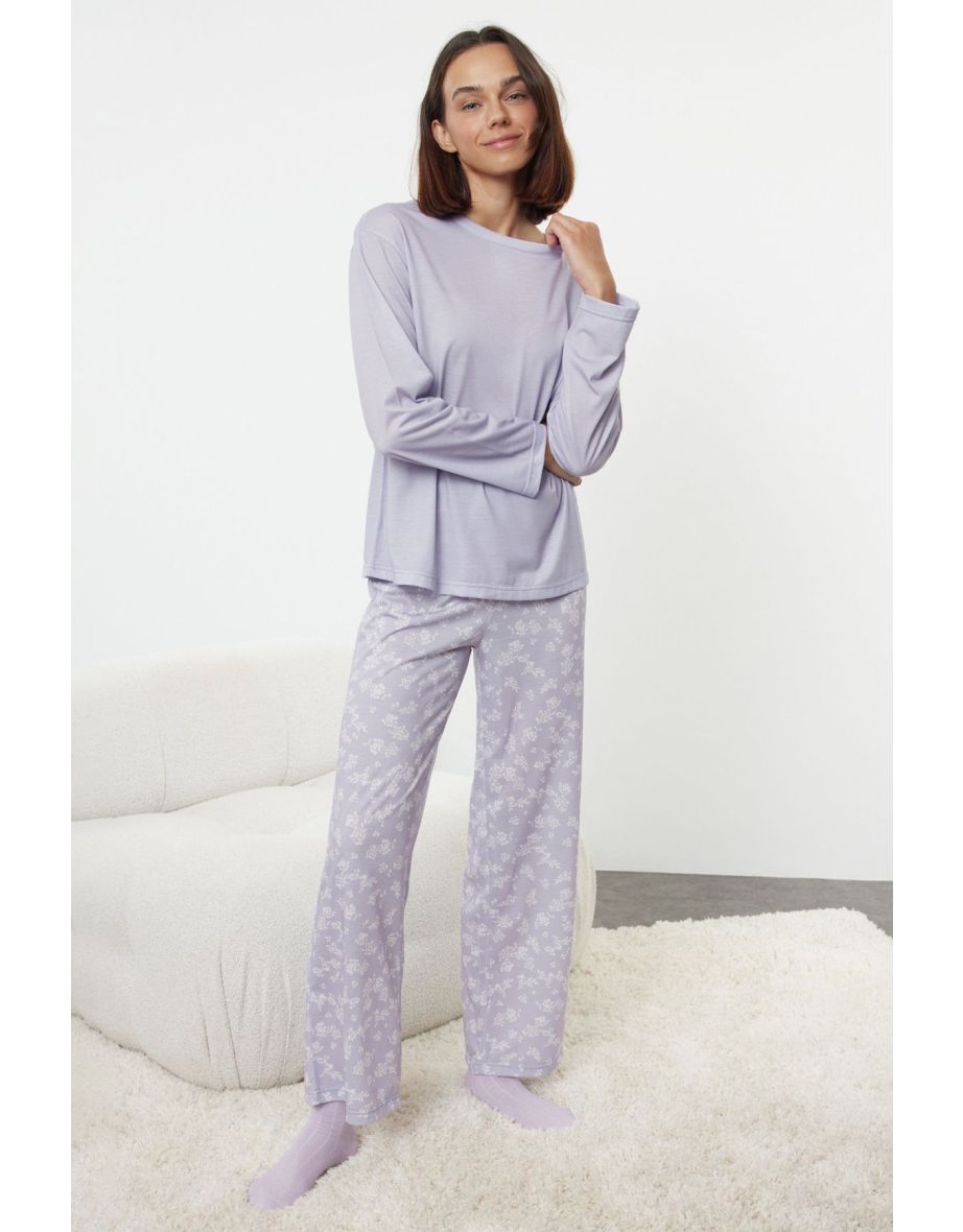 Lilac Printed Jersey Knitted Pajama Set