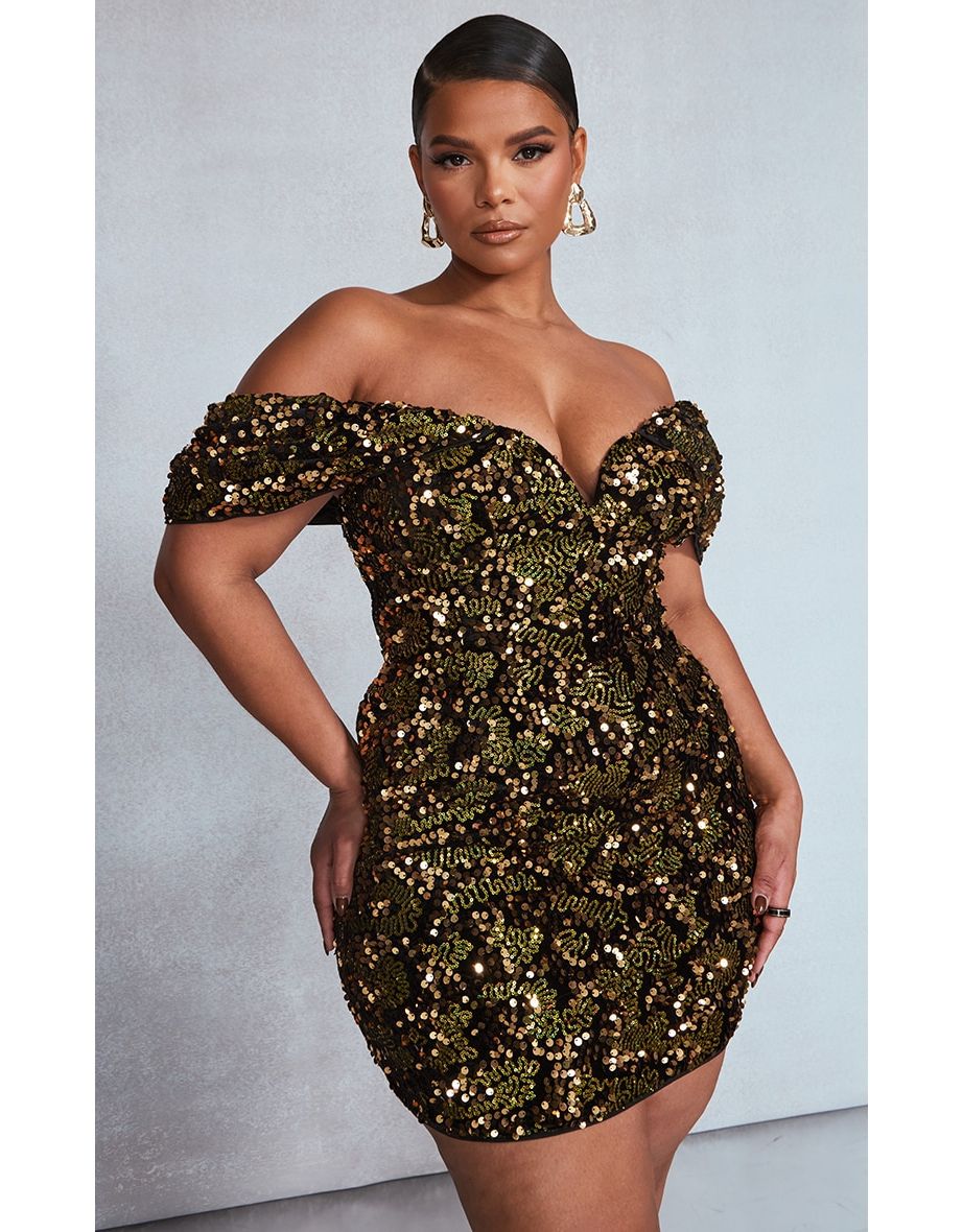 Plus Gold Sequin V Bar Bodycon Dress - 2