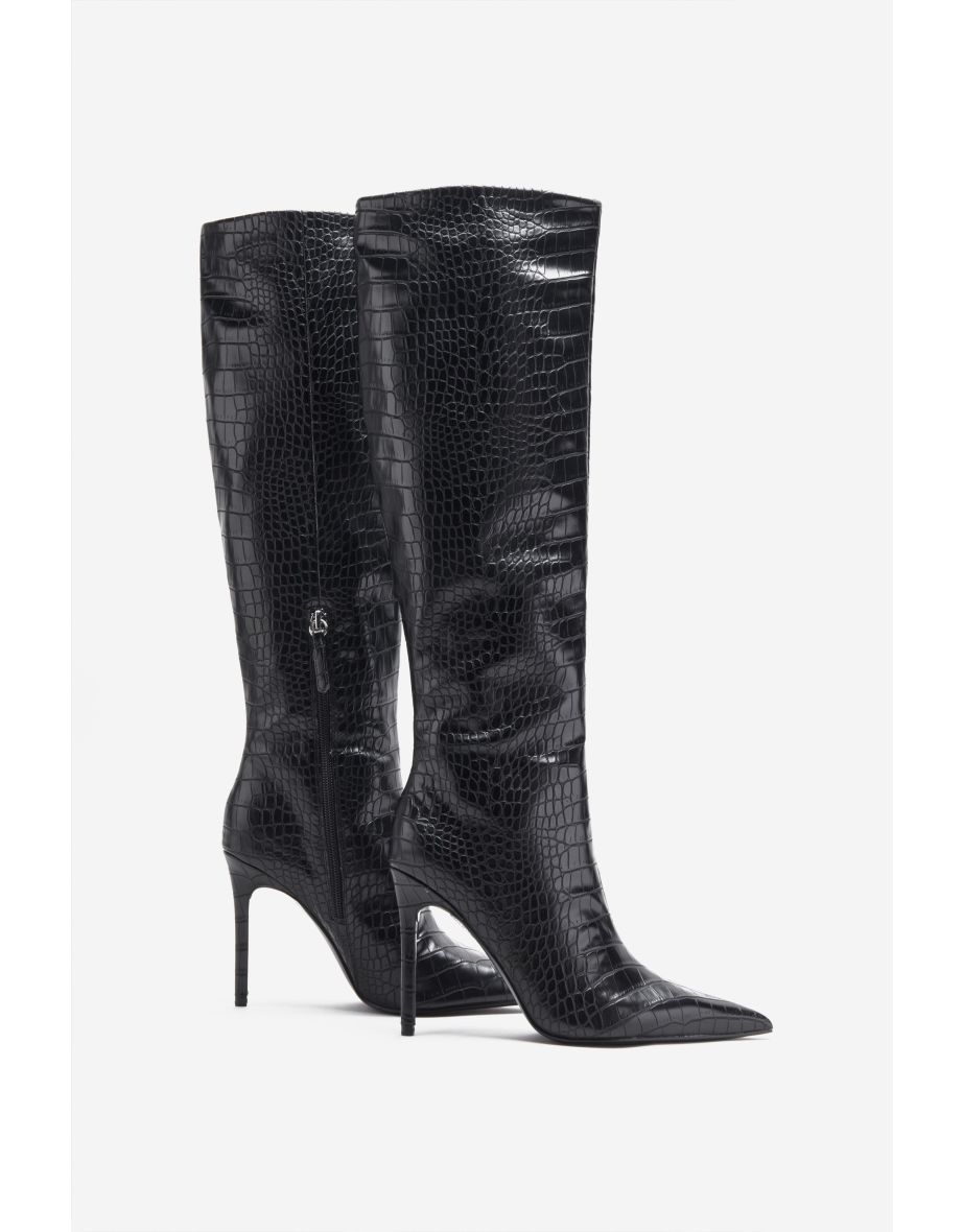 Uptown | Black Croc Fitted Over-Knee Pointed Heeled Boots - 5