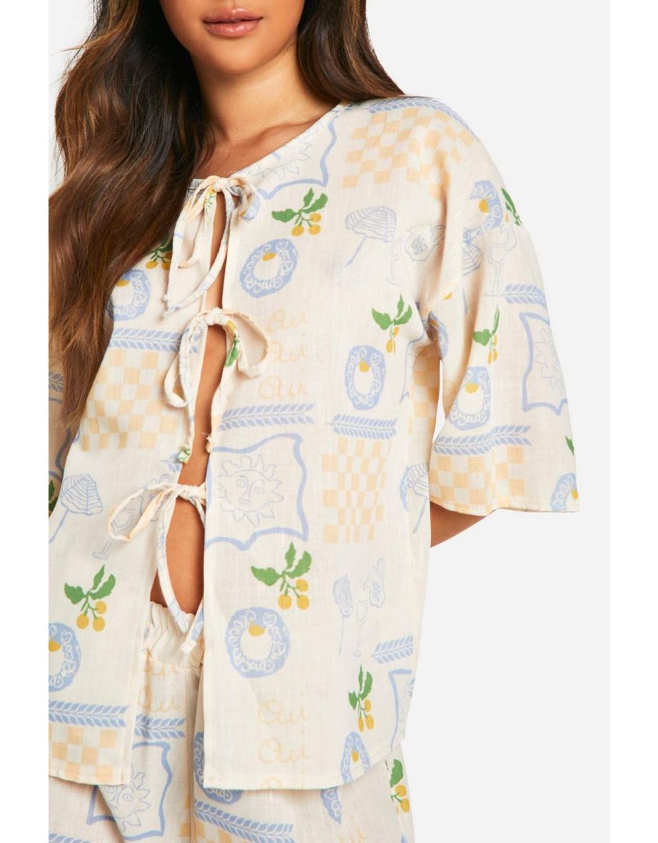 Postcard Print Tie Front Volume Sleeve Blouse & Flippy Shorts - stone - 3