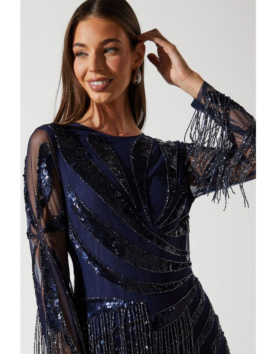 Petite Hand Embellished Fringe Sequin Mini Dress - 3