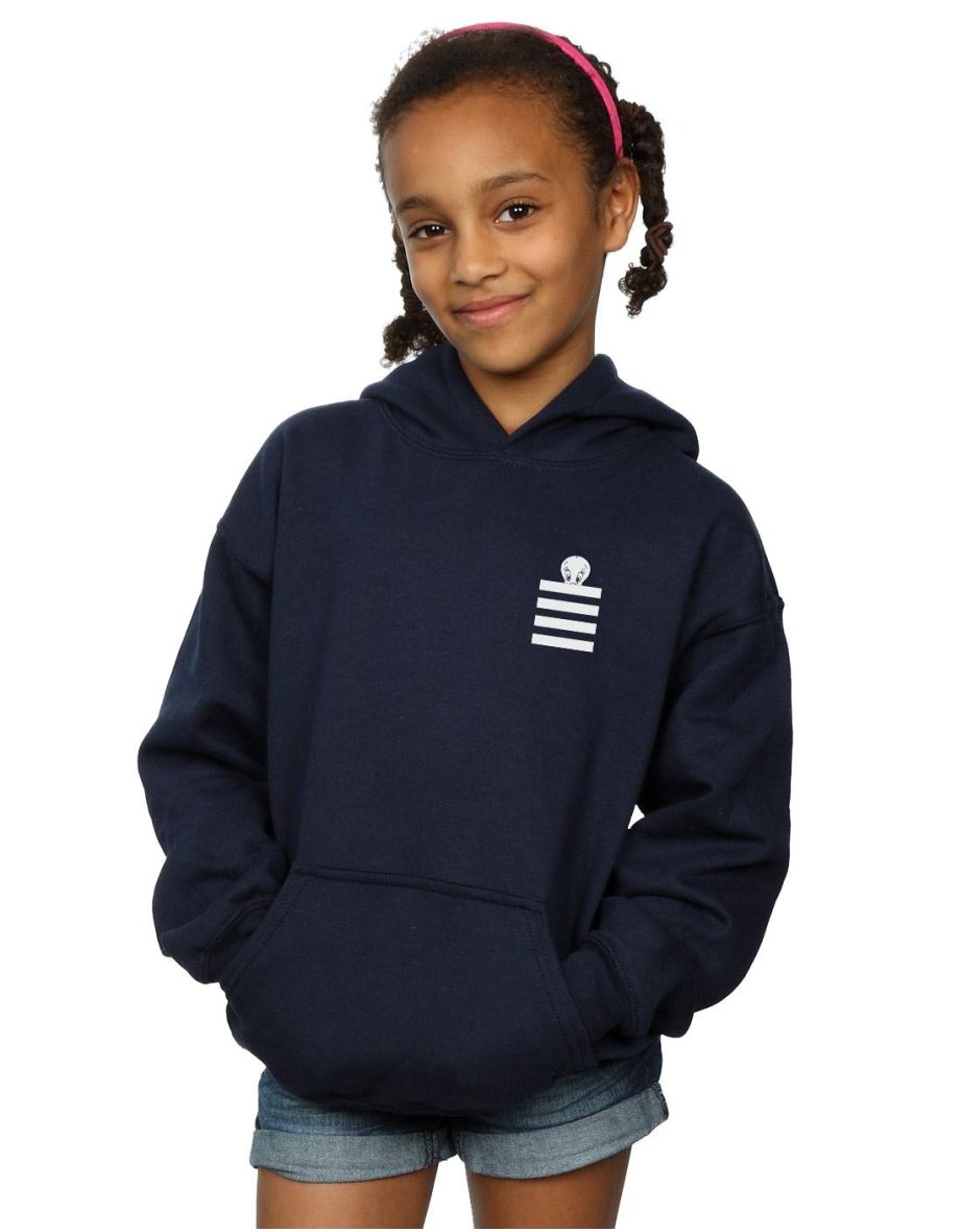 Looney Tunes Girls Tweety Pie Striped Faux Pocket Hoodie - Navy Blue