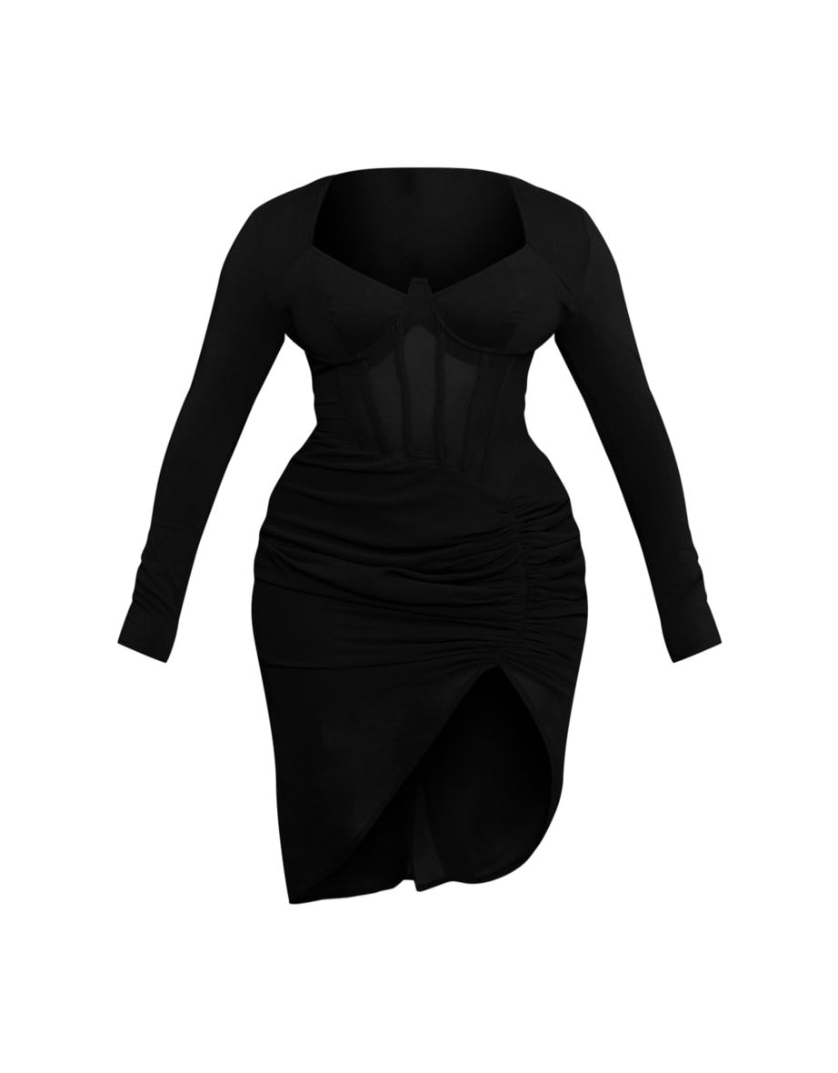 Shape Black Corset Detail Long Sleeve Ruched Midi Dress - 4