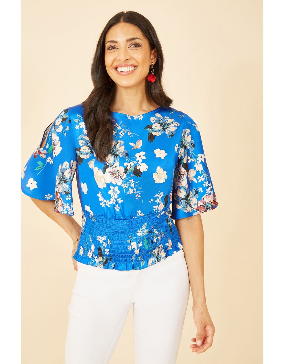 Yumi Blue Floral Satin Top With Angel Sleeves