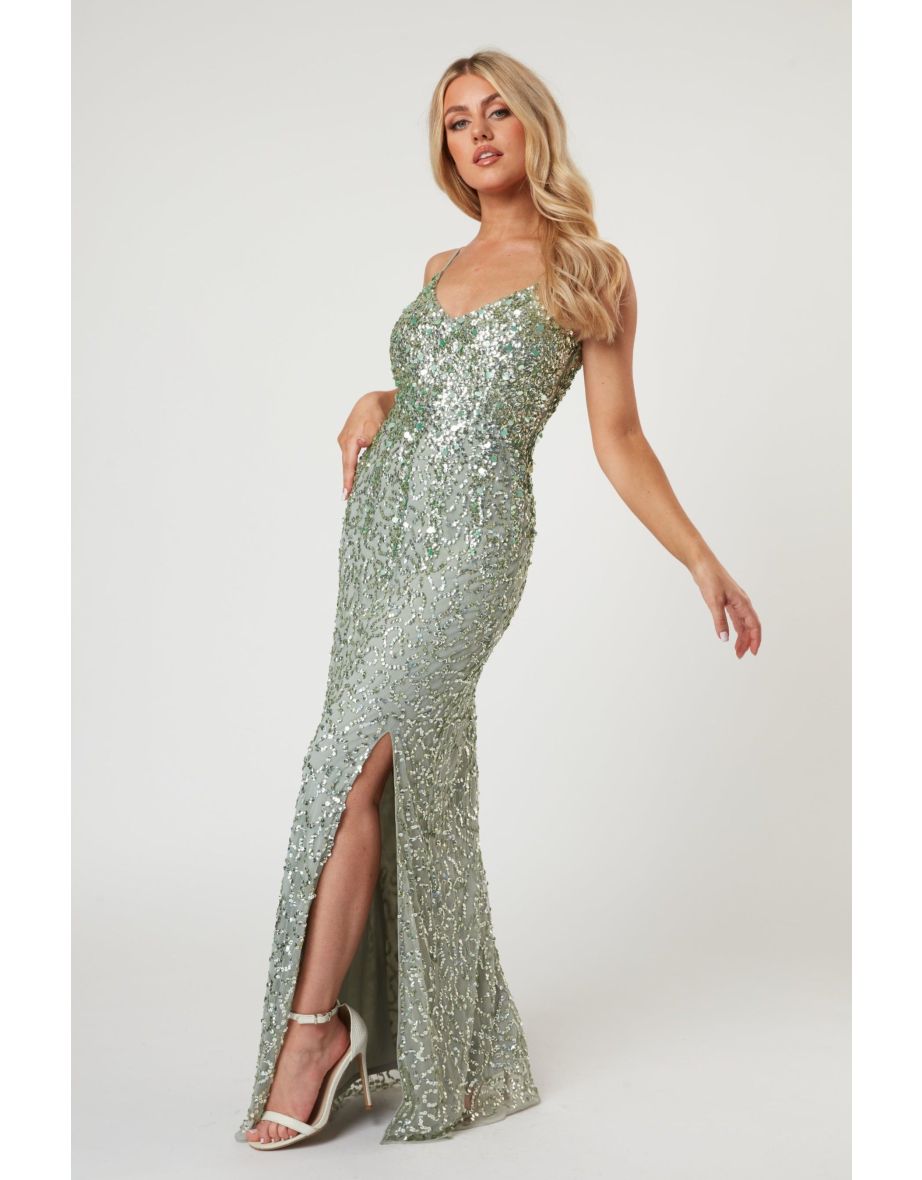 Gloria Sage Green Beaded Maxi Dress