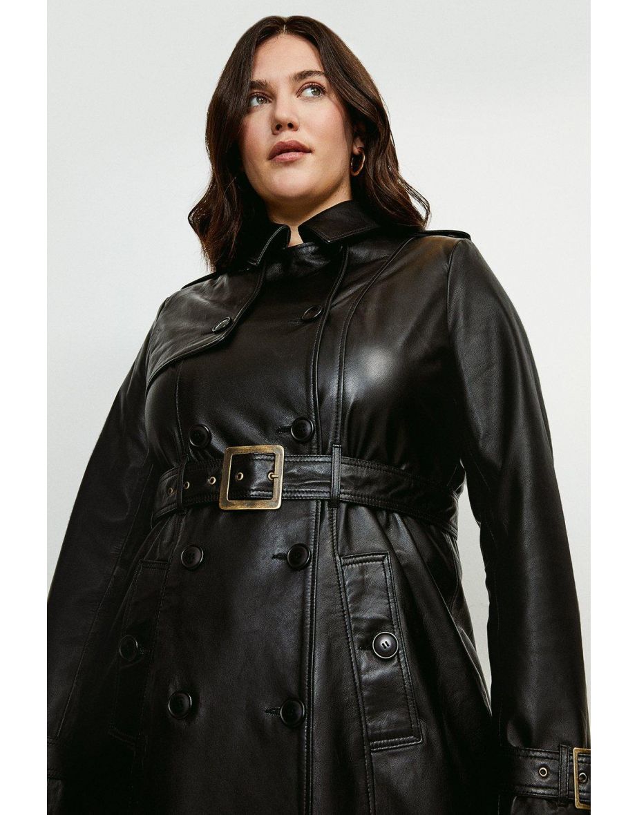 Plus Size Leather Trench Belted Coat - 2