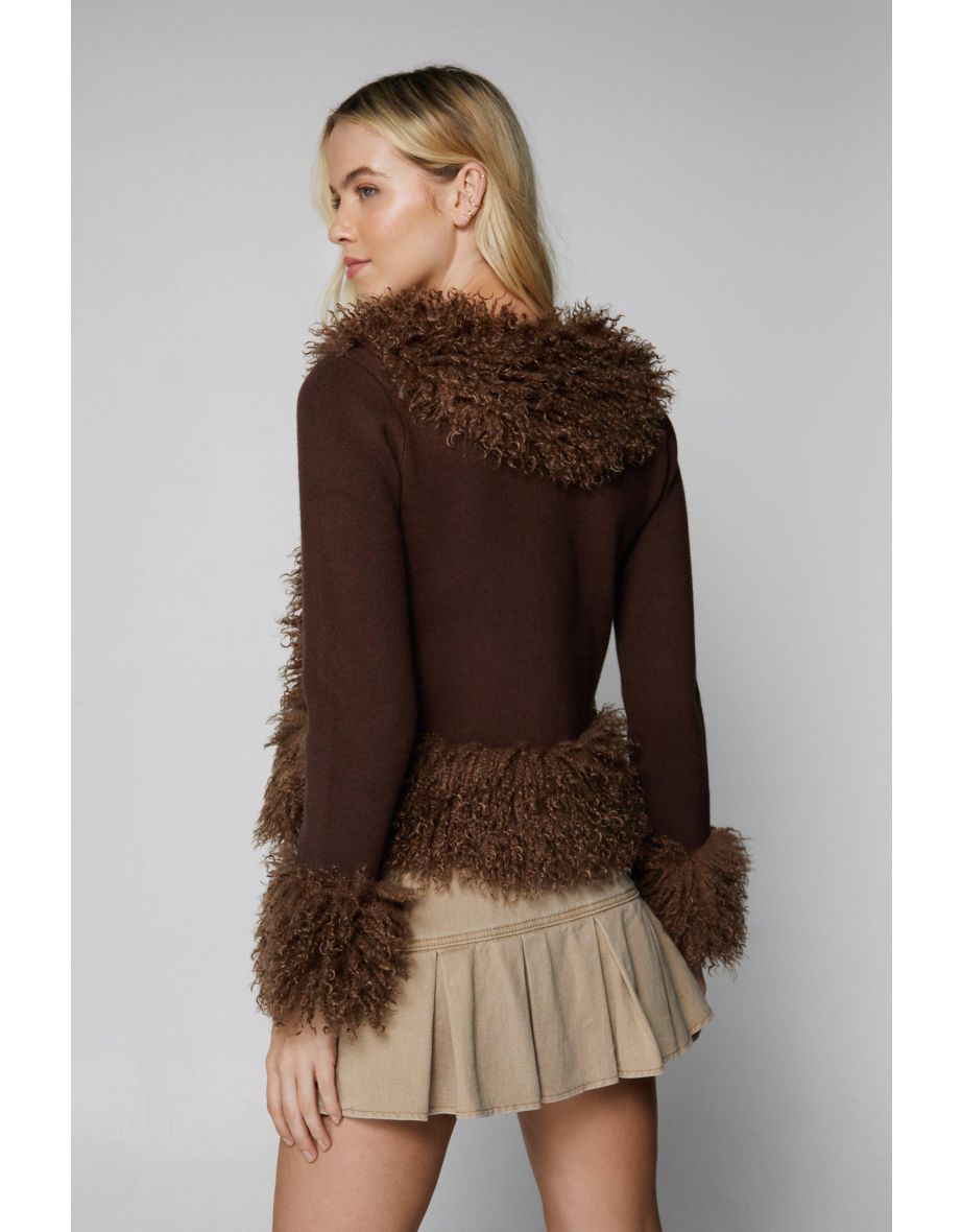 Faux Fur Trim Knitted Cardigan - 3
