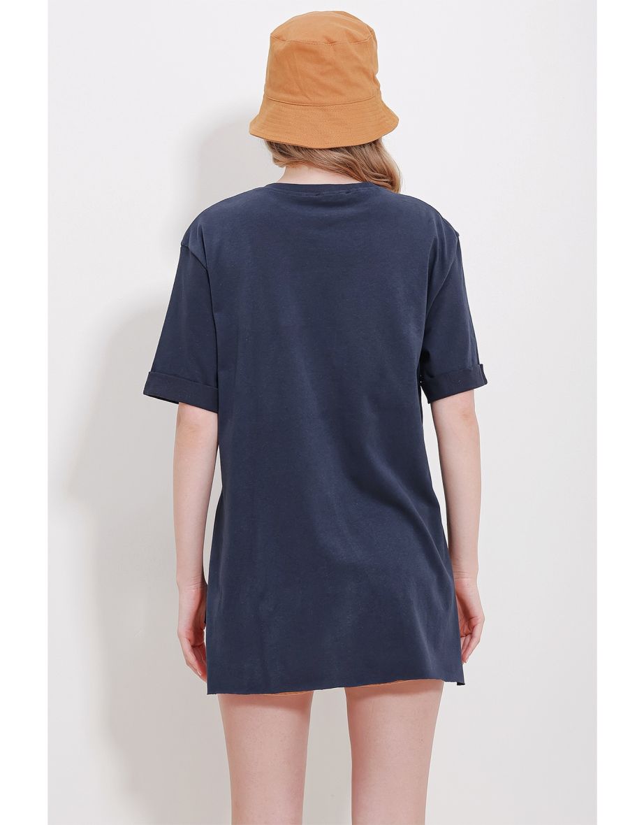 Women's Navy Blue Crew Neck Single Pocket Embroidered Double Sleeve Laser Cut Oversize T-Shirt - 4