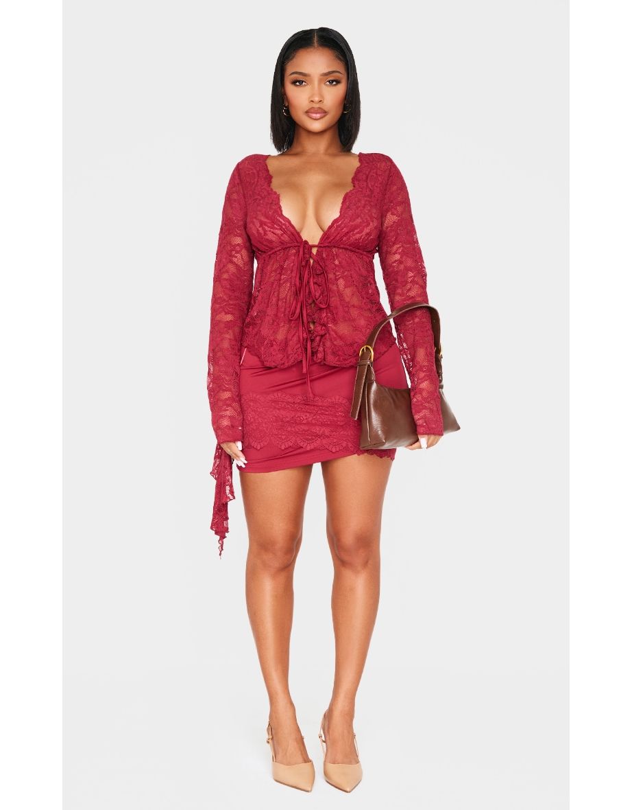 Shape Red Drape Lace Side Mini Skirt