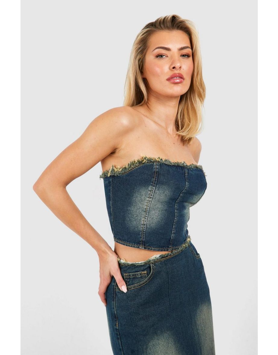Fray Hem Mid Blue Vintage Wash Denim Bandeau Top - vintage wash