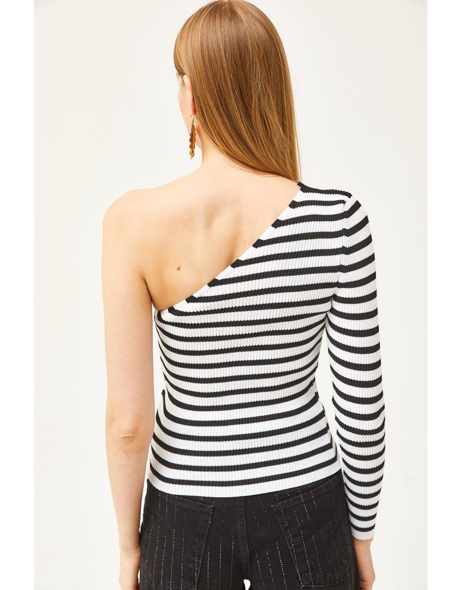 Women's Striped White One Shoulder Waist Top Crop Knitwear Blouse - 5