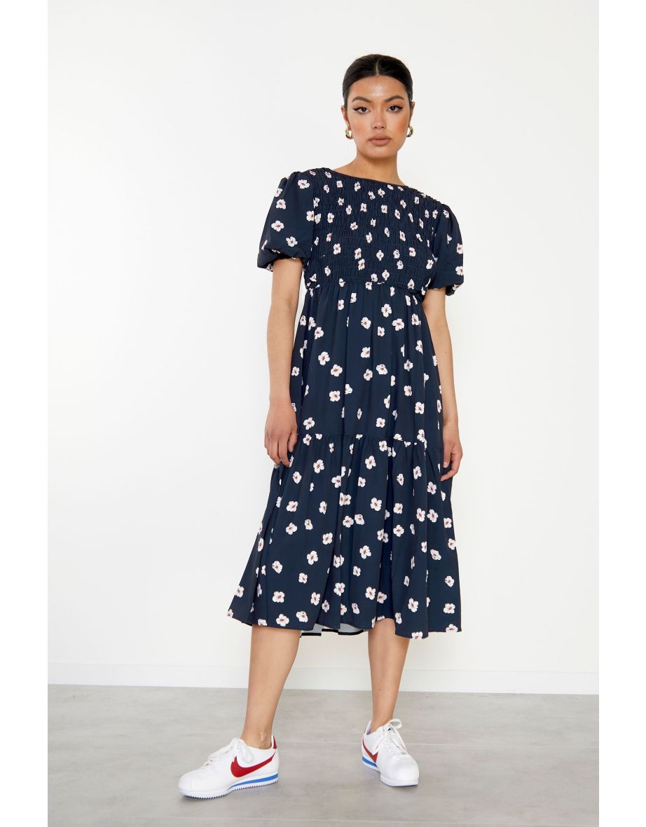 Shop Glamorous Navy Hibiscus Short Sleeve Midi Dress Online in Qatar VogaCloset