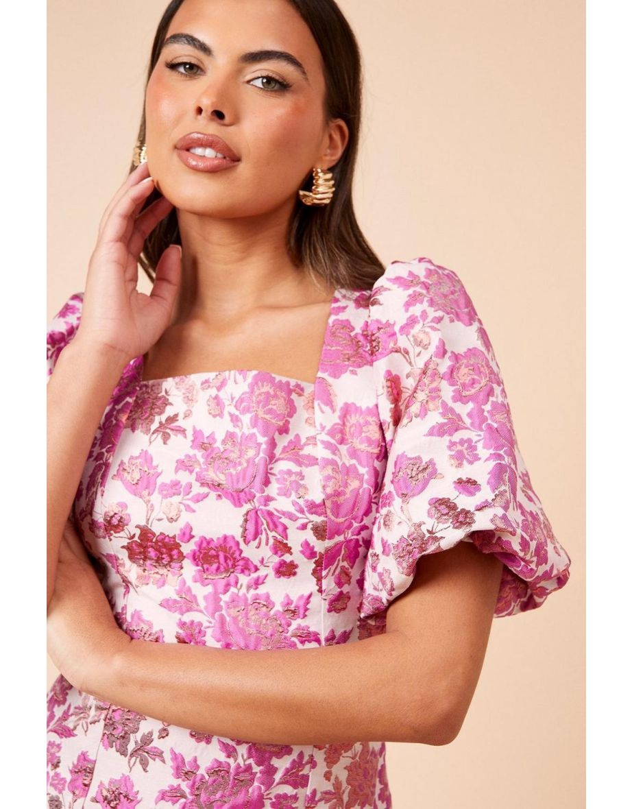 DP Luxe Pink Floral Jacquard Square Neck Mini Dress - 3