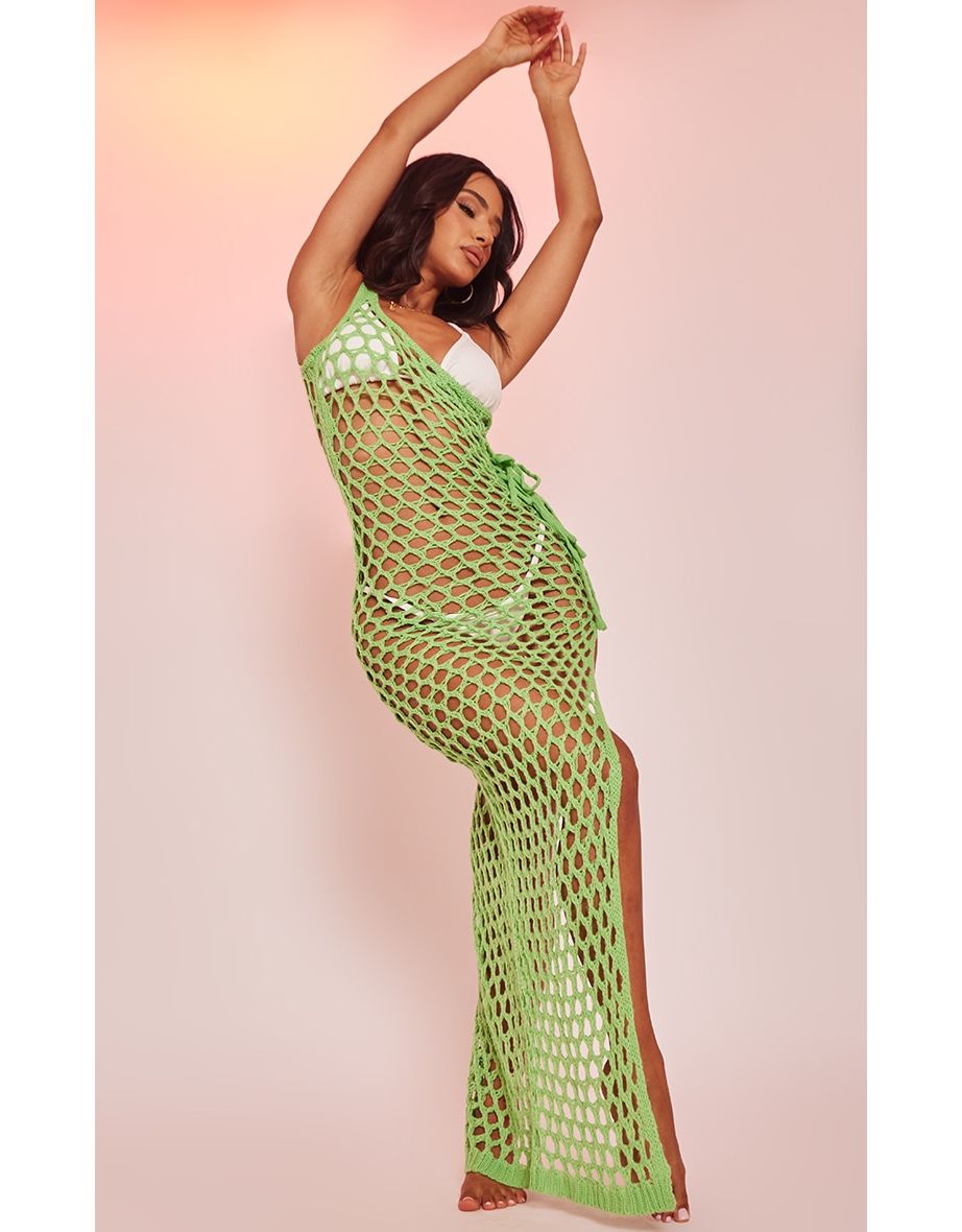 Petite Bright Green Open Knit Tie Side Maxi Dress With Split