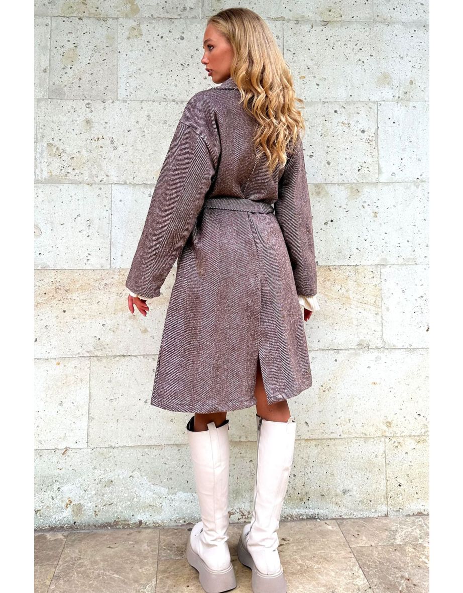 Women's Brown Double Breasted Waist Belted Herringbone Patterned Stamp Coat