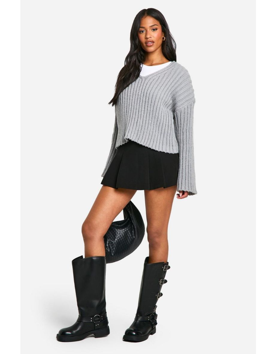 Tall Ribbed V Neck Cropped Knitted Jumper - grey