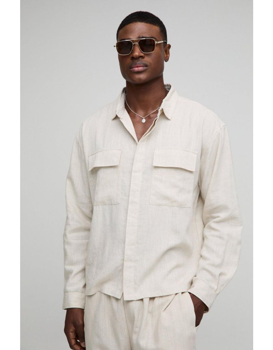 Heavyweight Linen Regular Concealed Placket Cargo Overshirt