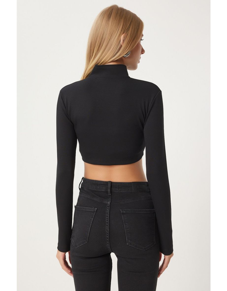 Women's Black Zipper Crop Scuba Jacket - 4