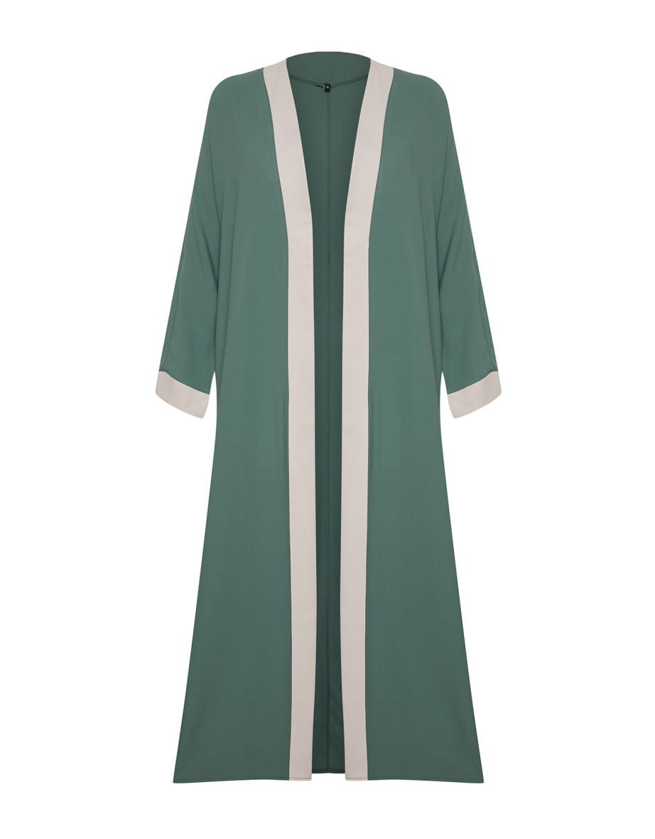 Green Color Block Long Woven Cap & Abaya - 7