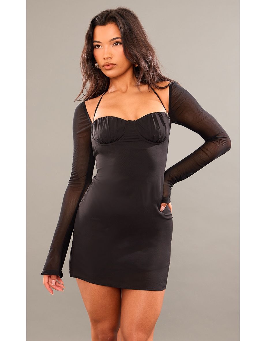 Black Chiffon Long Sleeve Mini Dress