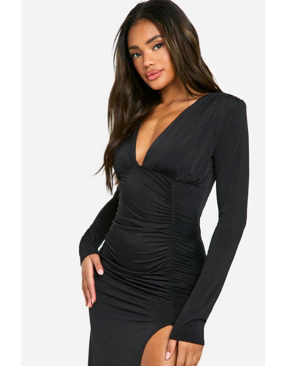 Shoulder Pad Plunge Slinky Split Leg Maxi Dress - black - 3