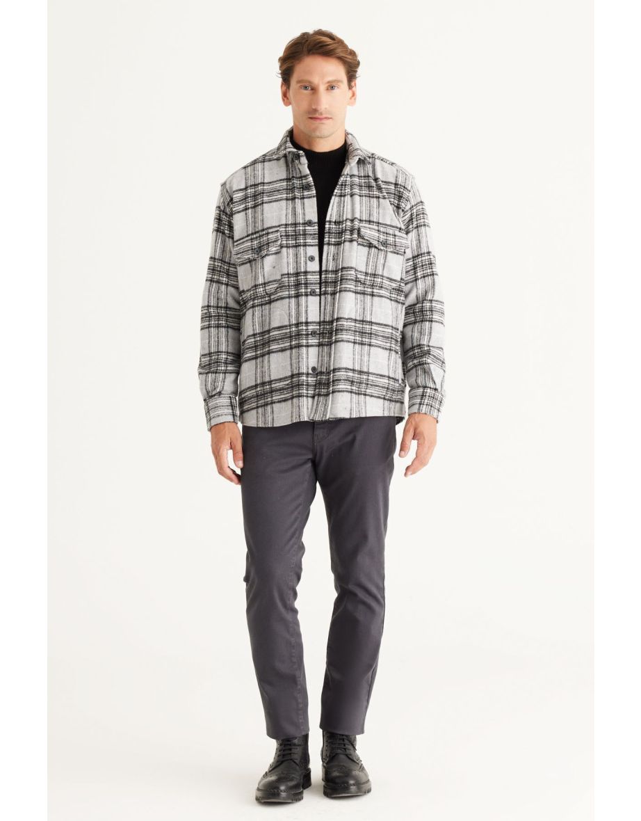 Men's Gray Oversize Loose Cut Button Collar Plaid Winter Shirt Jacket
