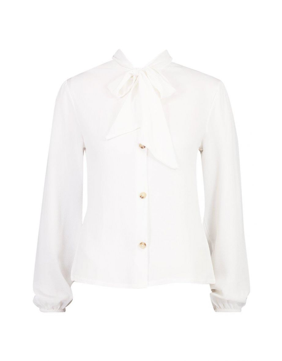 Bow Button Through Volume Sleeve Blouse - white - 1