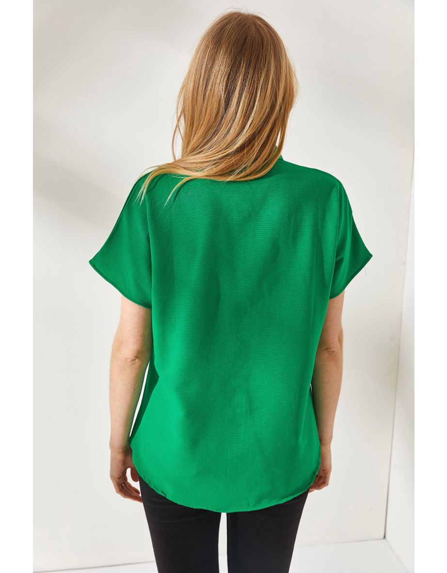 Women's Grass Green Bat Oversized Linen Shirt - 5