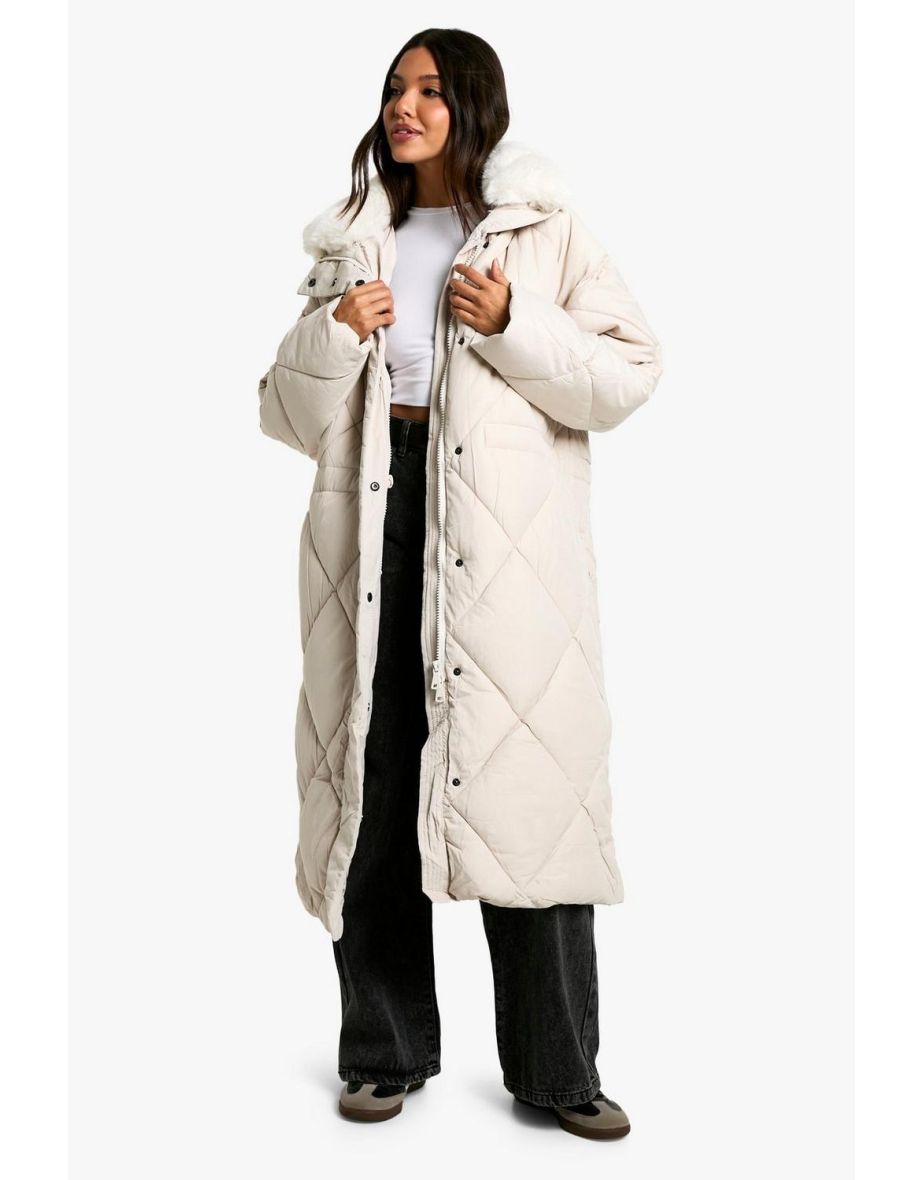 Premium Faux Fur Trim Quilted Maxi Parka - cream