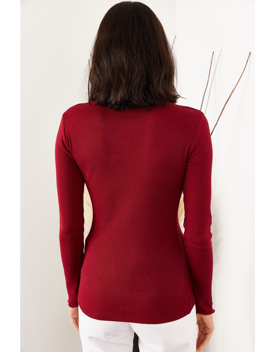 Women's Claret Red Collar And Sleeve Detailed Camisole Sweater - 4