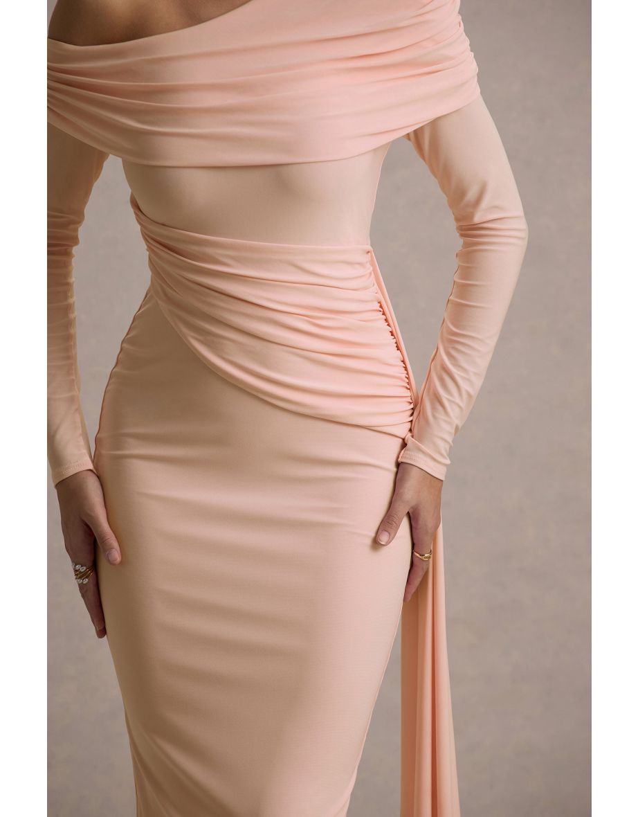 Valina | Pink Ruched Asymmetric Maxi Dress With Drape - 6