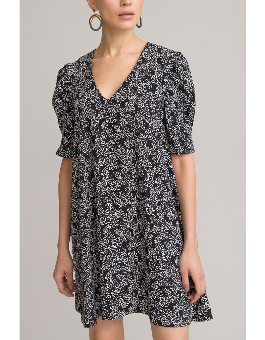 Recycled Floral Mini Dress with V-Neck and Short Sleeves