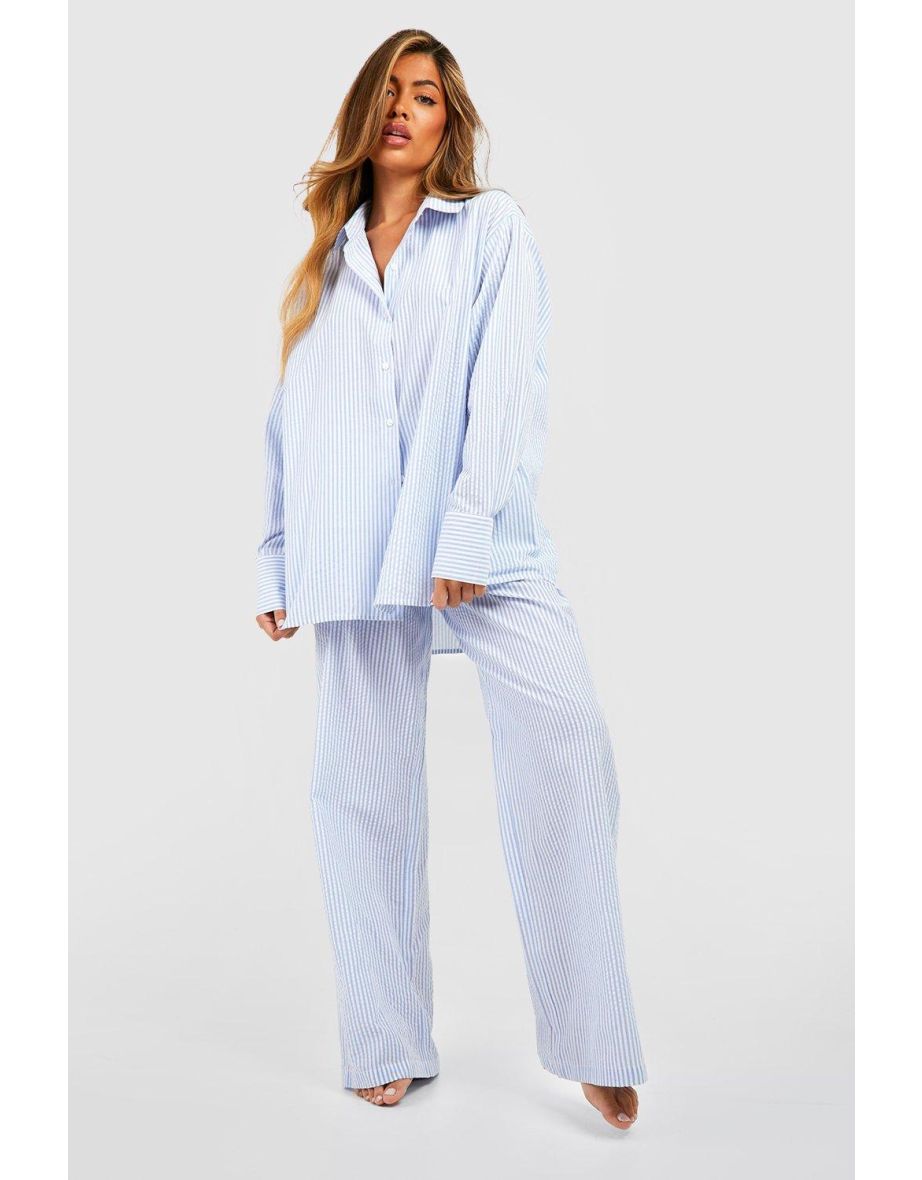 Cotton Pinstripe Oversized Pyjama Shirt - blue - 3