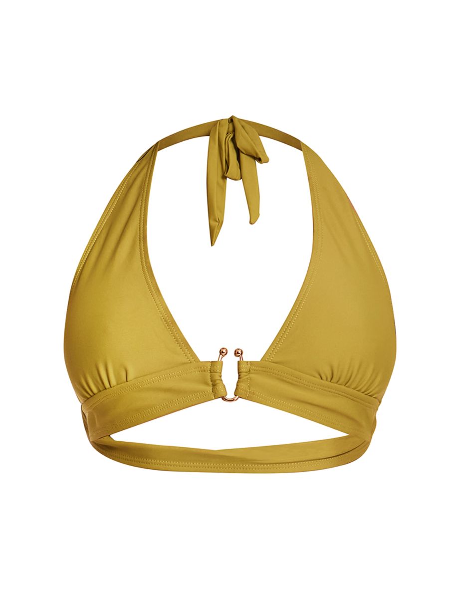 Olive Gold Trim Halter Neck Triangle Bikini Top - 4