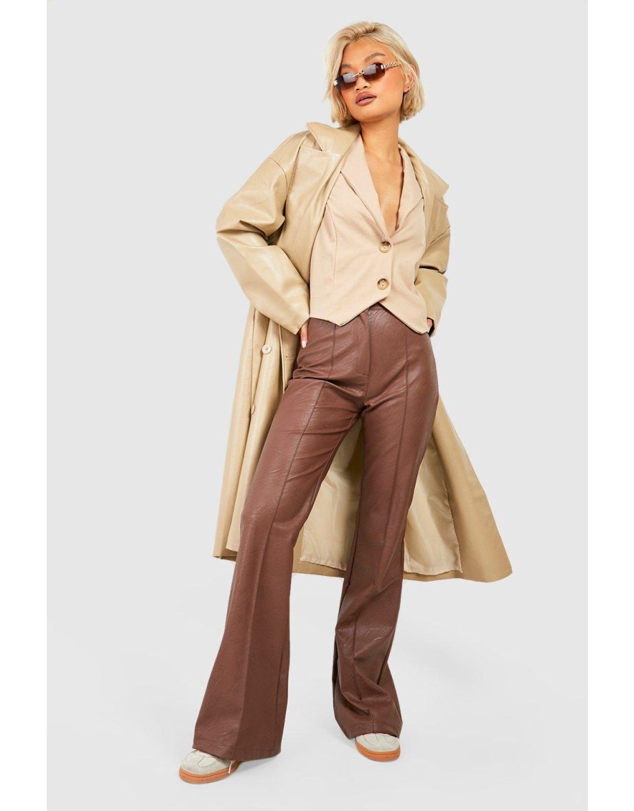 Women's Leather Look High Waisted Seam Front Flared Trousers
