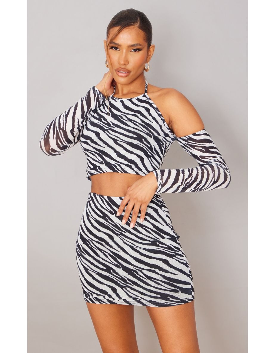 Black Zebra Print Mesh Cut Out Crop Top