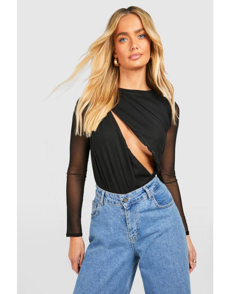 Ruched Mesh Cut Out Long Sleeve Bodysuit