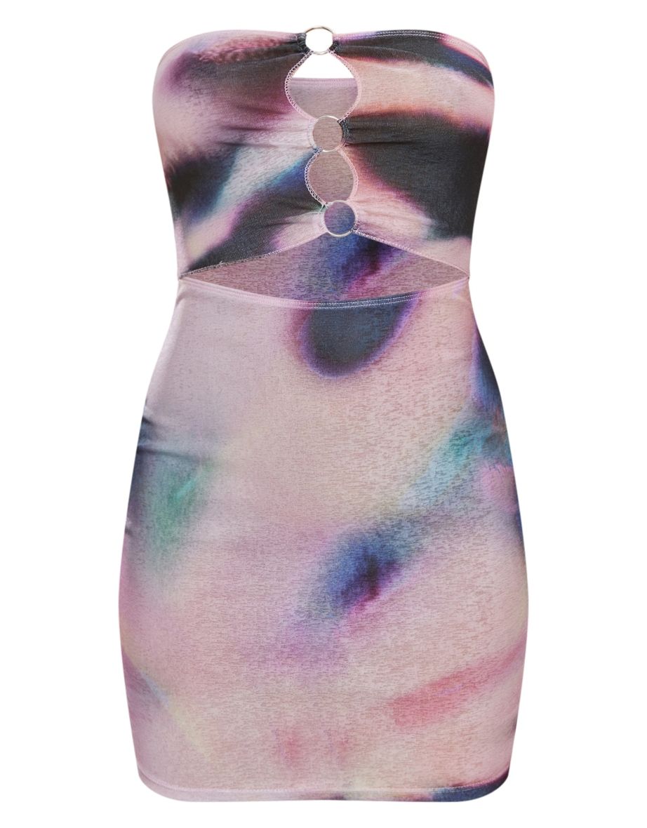 Pink Abstract Print Bandeau Ring Detail Burn Out Mesh Bodycon Dress - 4