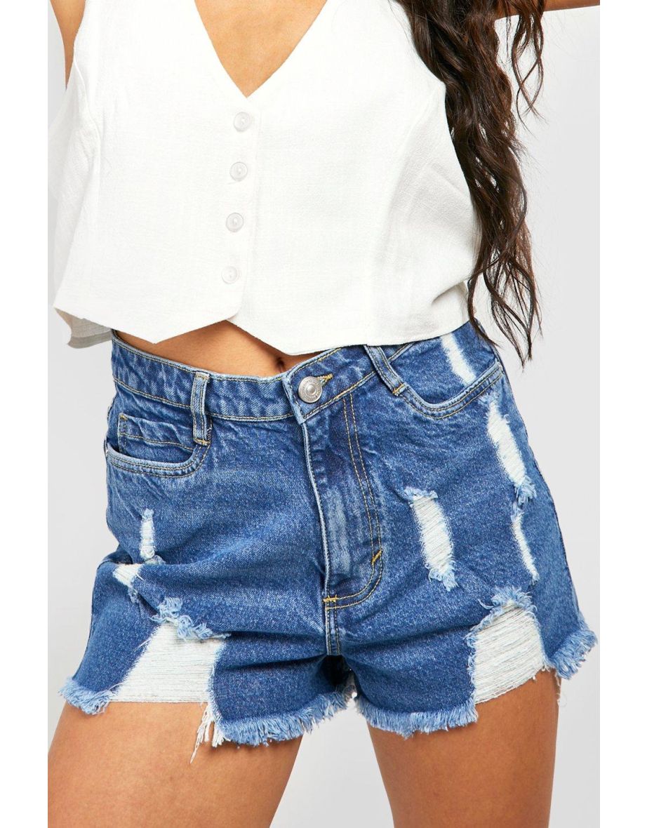Basic High Rise Distressed Denim Shorts - mid blue - 3