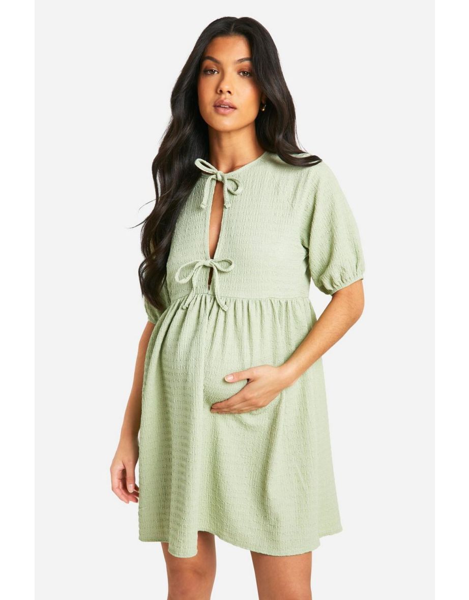 Shop Maternity Tie Front Short Sleeve Smock Dress sage Online in Bahrain VogaCloset