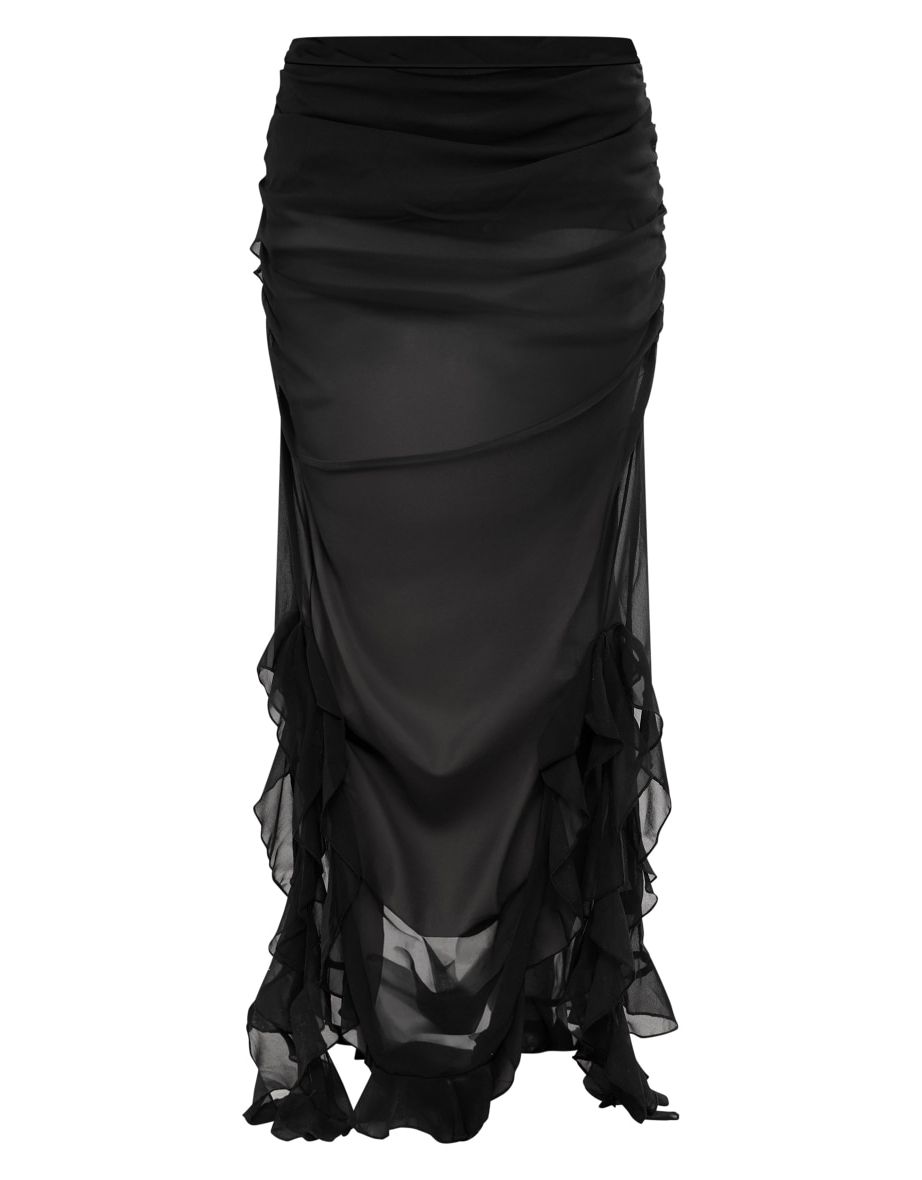 Black Chiffon Ruffle Detail Maxi Skirt - 4